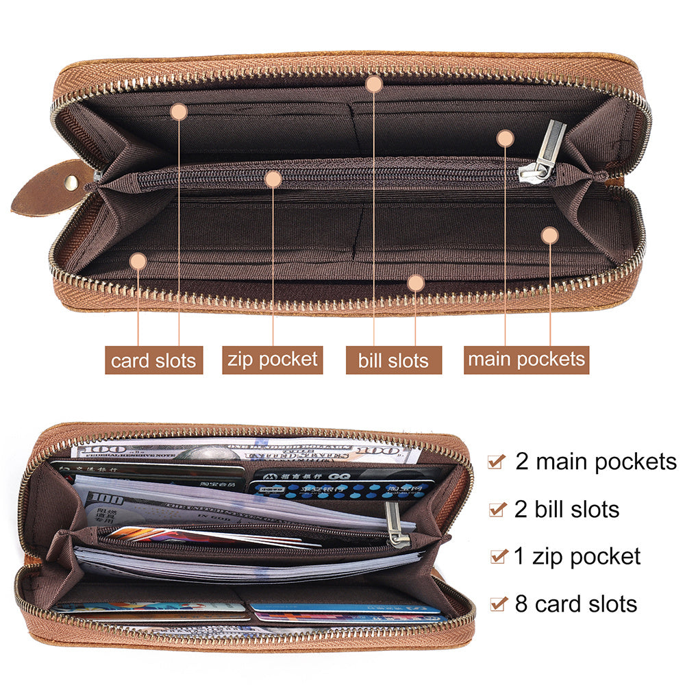 Genuine Leather Long Wallet for Men RFID Blocking