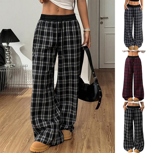 Retro Plaid Loose Straight Pants
